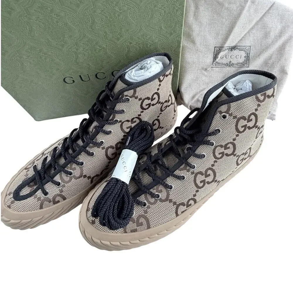 Gucci Tortuga Macro GG Canvas High-Top Sneaker Camel Ebony Sz 12.5 NIB